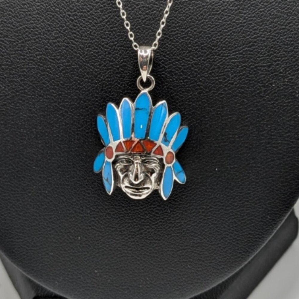 Sterling Silver Inlaid Gemstone Native American Chief Pendant